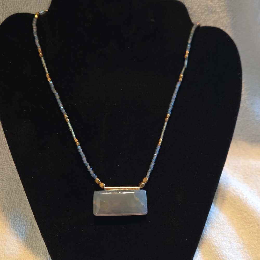 20" Blue and Gold Beaded Necklace With Rectangle Pendant